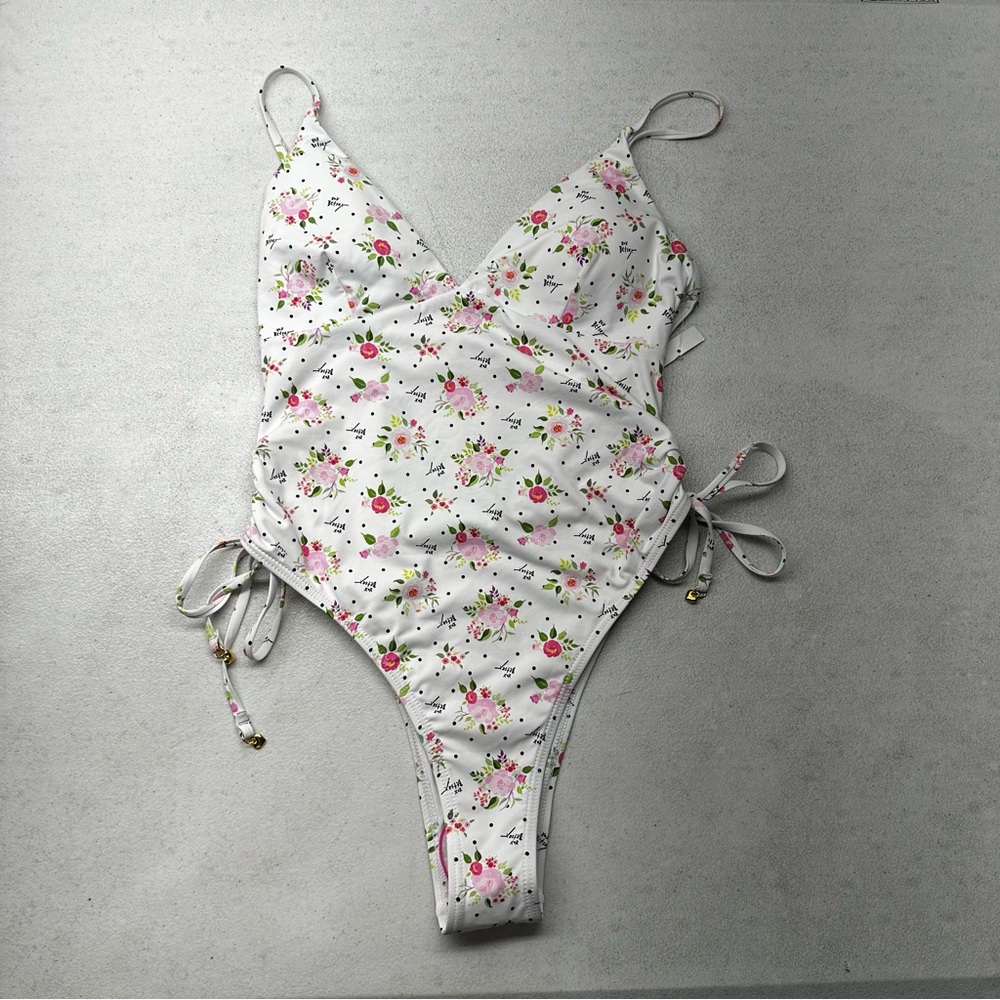 NWOT Betsey Johnson White Floral One Piece Swimsuit, Large